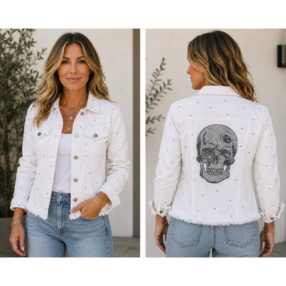 NWT A.Z.I. NY Rhinestone Skull Denim Jacket Womens XS White Studded Gothic
